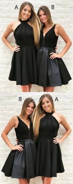 Halter/V Neck Short Black Satin Homecoming Dress  cg3358