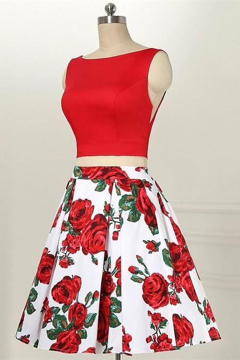 Two Piece Bateau Sleeveless Red Printed Satin Homecoming Dress  cg3411