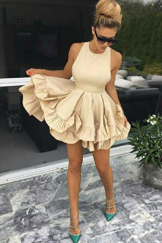 A-Line Party Dress, Champagne Homecoming Dress, Sleeveless Homecoming Dress  cg342