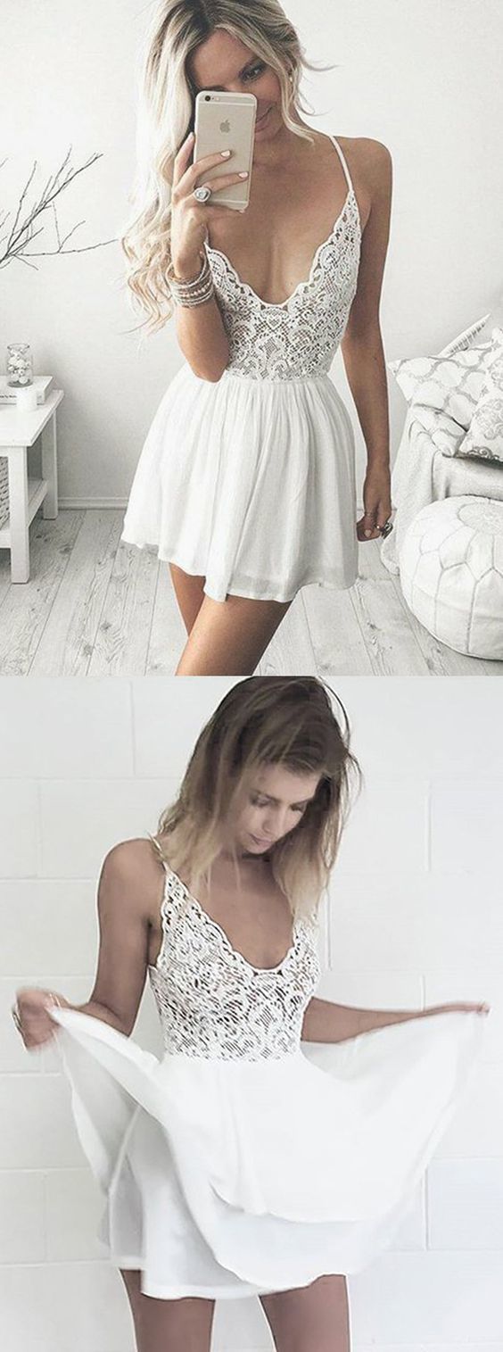 A-Line Spaghetti Straps Short White Chiffon Homecoming Cocktail Dress with Lace , short homecoming dress cg344