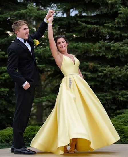 Yellow v neck satin long prom dress, simple evening dress cg3442