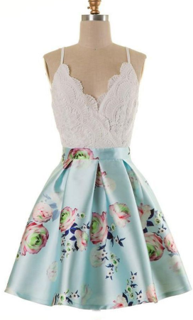 A-Line Dresses,Spaghetti Straps Dresses,Short Homecoming Dresses,Blue Floral Dresses,Lace Dresses cg3461