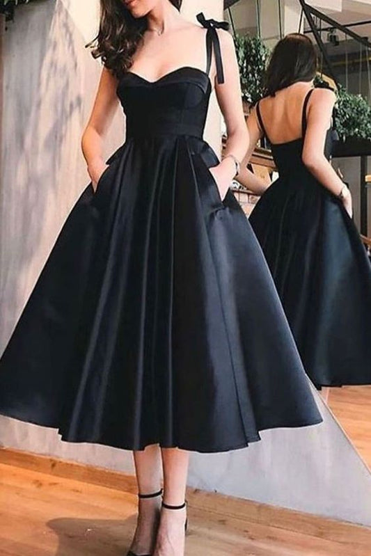 Simple sweetheart satin black dress, black homecoming dress cg3490