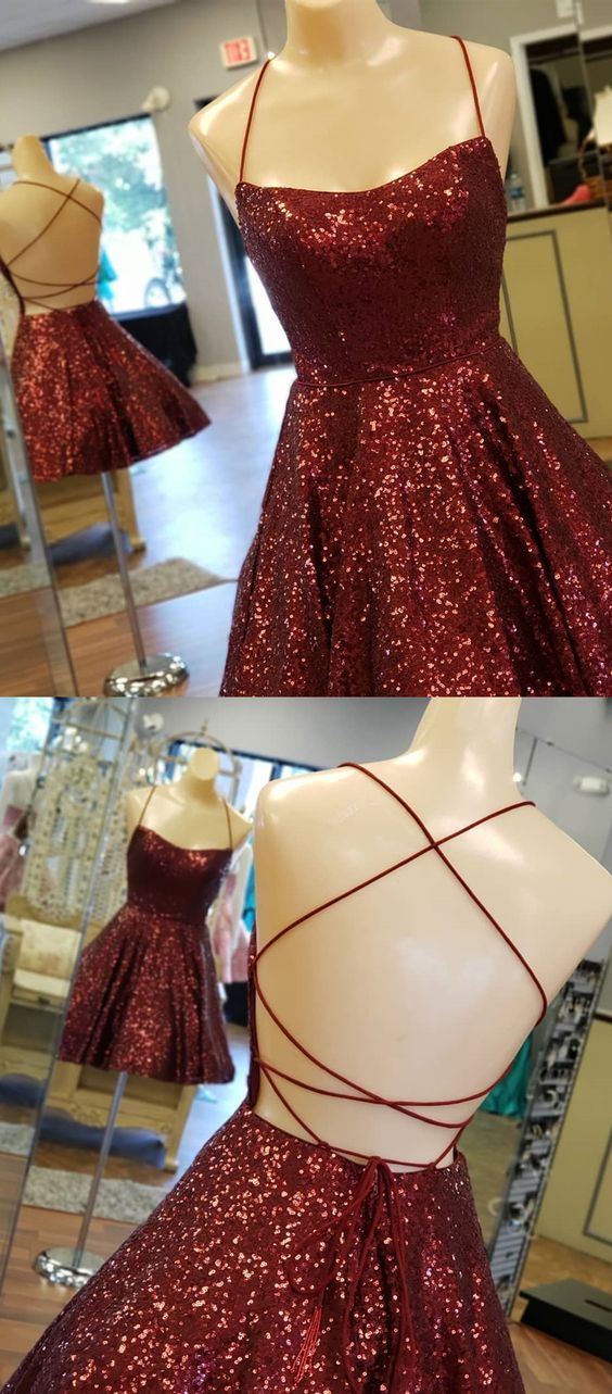 A Line Criss Cross Straps Back Burgundy Sequins Homecoming Dress cg3502