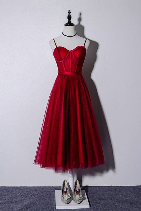 Wine Red Tulle Tea Length Sweetheart Neck Corset Dress, Homecoming Dress cg3526