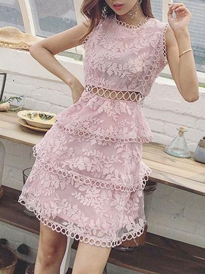 Pink Cut Out Detail Sleeveless Layered Sheer Lace Homecoming Dress  cg3535