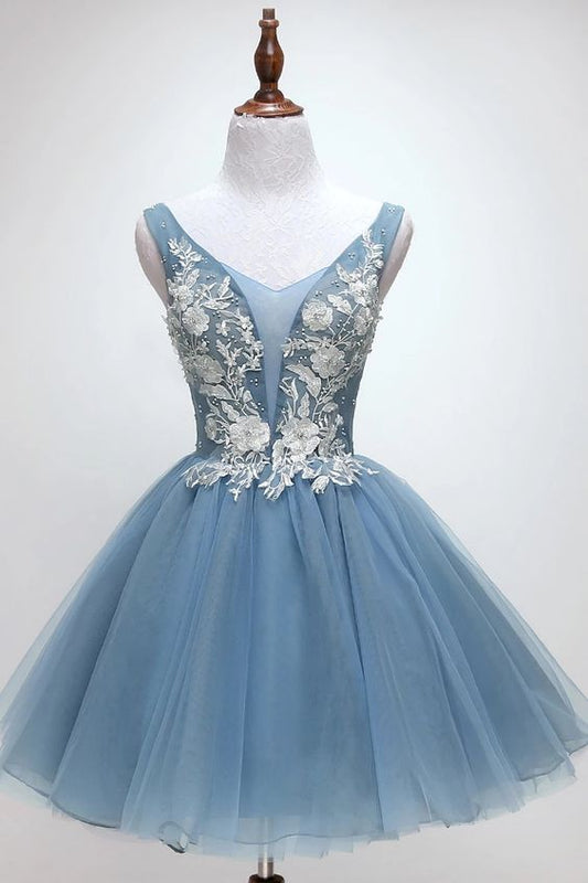 A-Line V-neck Above-Knee Light Blue Homecoming Dress with Appliques Beading cg3557