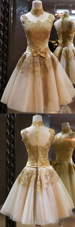 Gold Homecoming Dress,A-line Homecoming Dresses,High-neck Homecoming Dress cg359