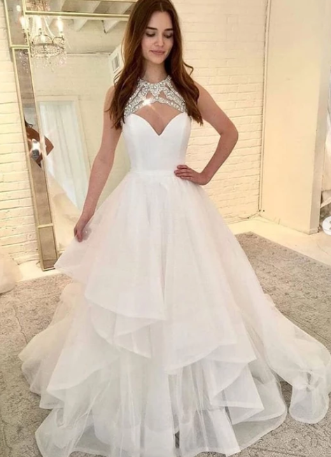 White tulle beads long prom dress, wedding dress cg3512