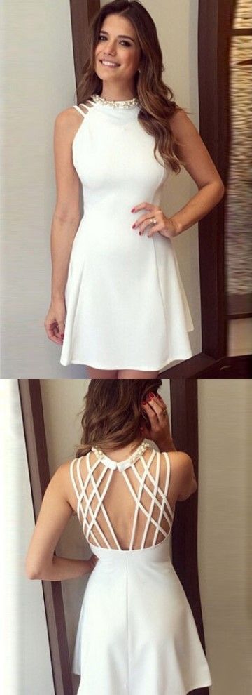 A-Line Homecoming Dress, Jewel Homecoming Dress, Open Back Homecoming Dress, White Homecoming Dress, Satin Homecoming Dress cg3615