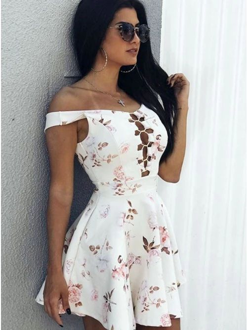 A-line V-neck Criss Cross Floral Print Satin Homecoming Dress cg3689