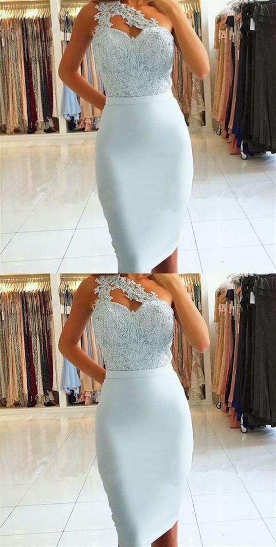 Sheath One Shoulder Light Blue Knee-Length homecoming Dress with Lace Beading cg374