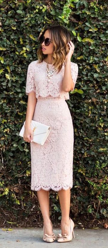 Two Piece Lace Pink Cocktail Dress Short Sleeves Midi Homecoming Dress cg3759