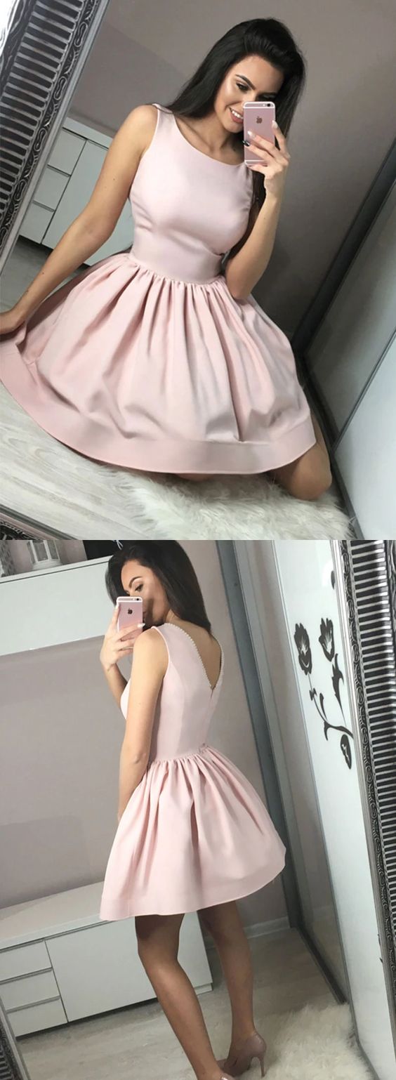 Cute pink round neck satin short dress, homecoming dress cg3770