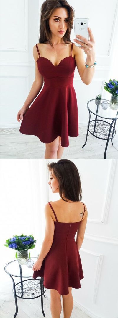 Simple A-Line,Straps Short Burgundy Satin Homecoming Dress cg379