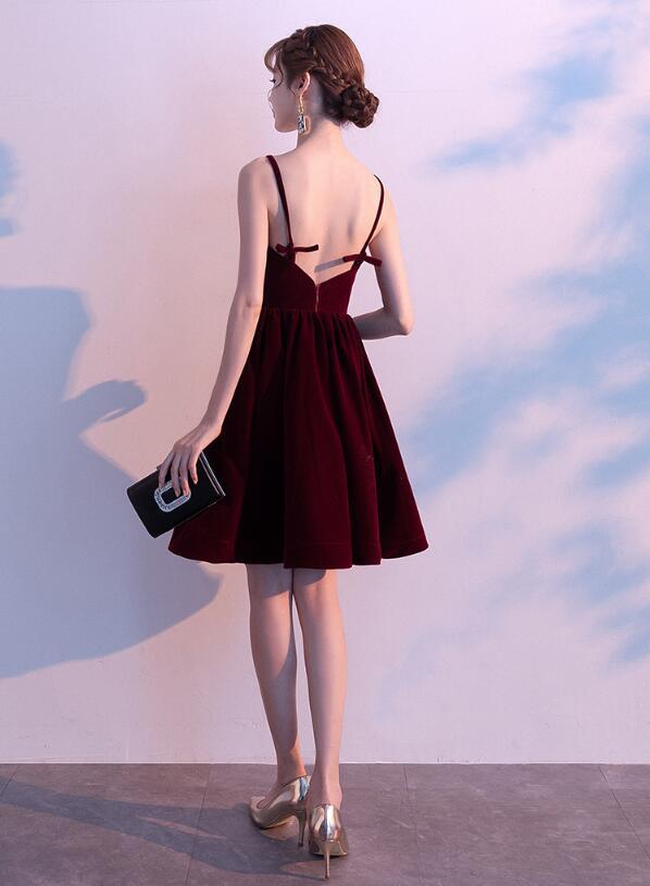 Lovely Velvet Burgundy Short Straps Homecoming Dress, Lovely Short Wedding Party Dress cg3799