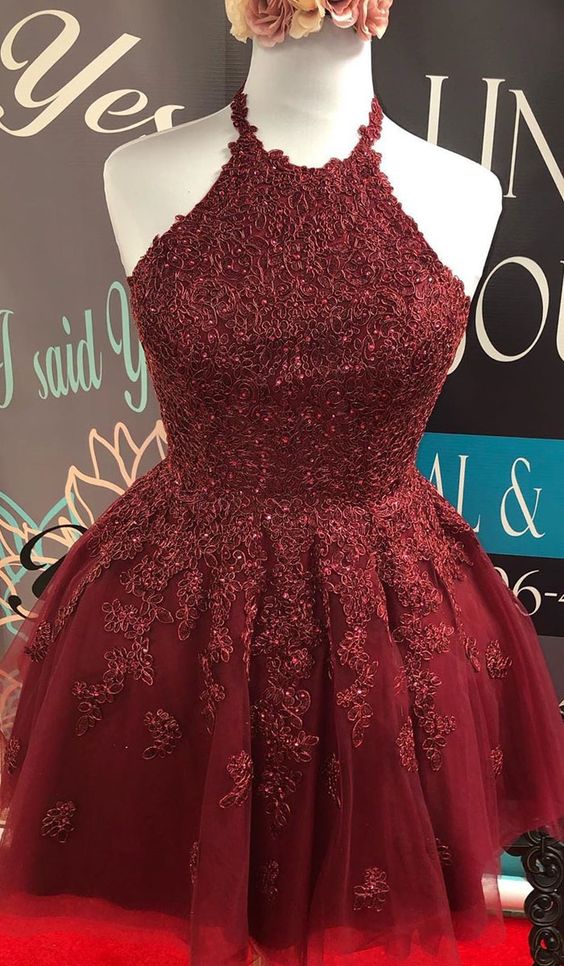 Burgundy Lace Appliques Halter A-Line Short Homecoming Dress. cg3804