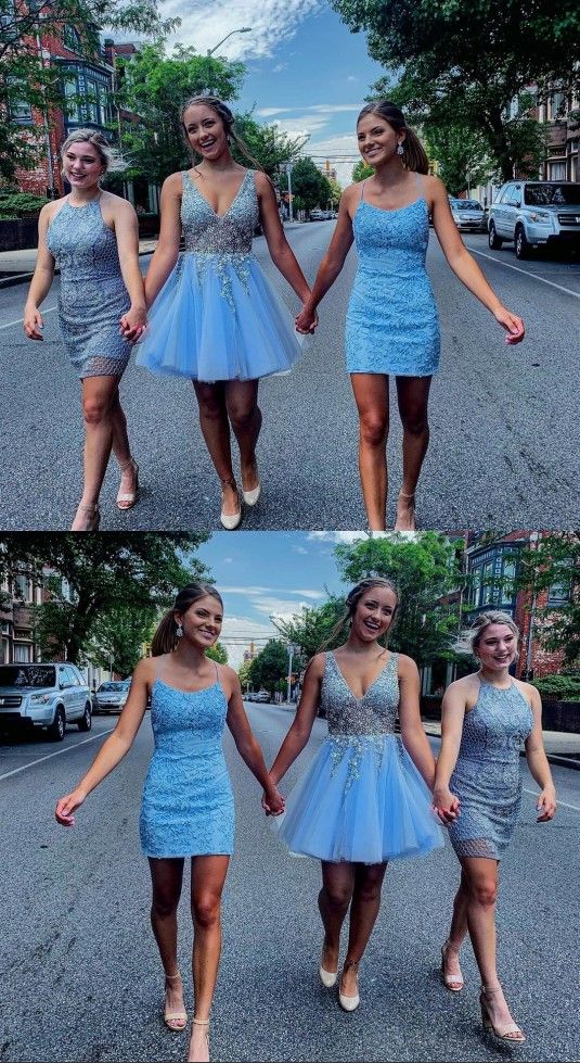 Spaghetti Straps Light Blue Tight Short Homecoming Dress With Appliques cg3831