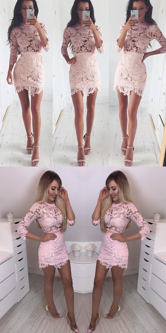 Sexy Long Sleeves Pink Lace Short Bodycon Dress ,cheap homecoming dress cg385