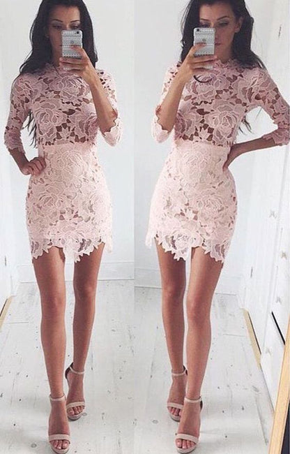 Sexy Long Sleeves Pink Lace Short Bodycon Dress ,cheap homecoming dress cg385