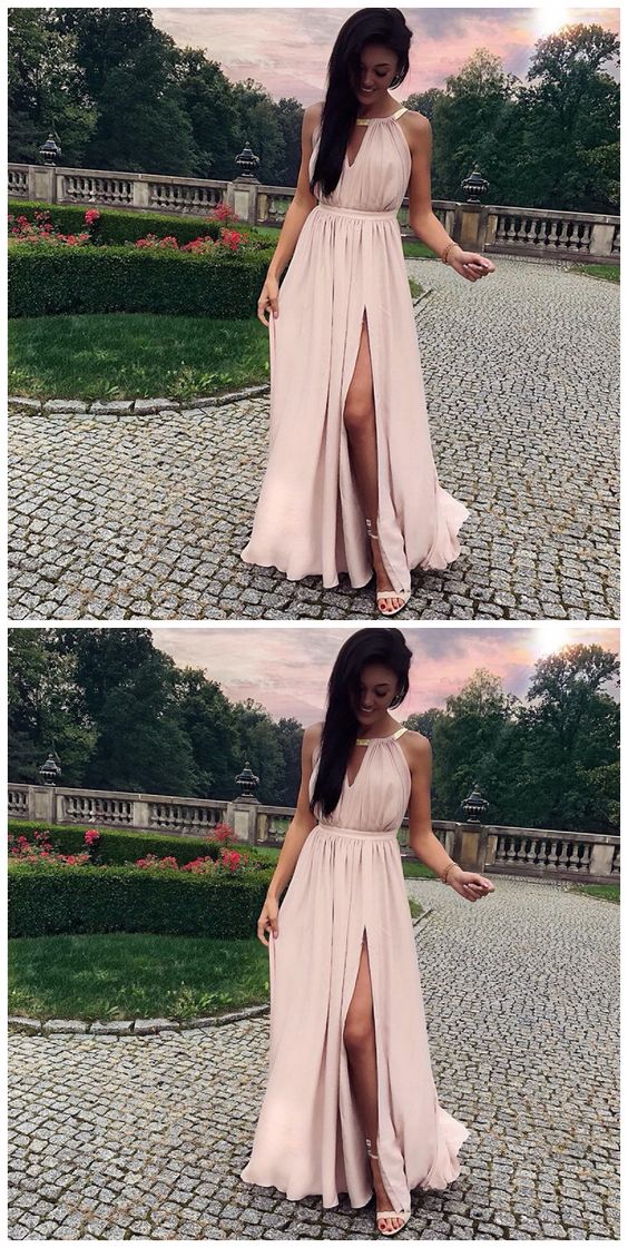 A-Line Keyhole Round Neck Split Front Long Pink prom dress cg3886