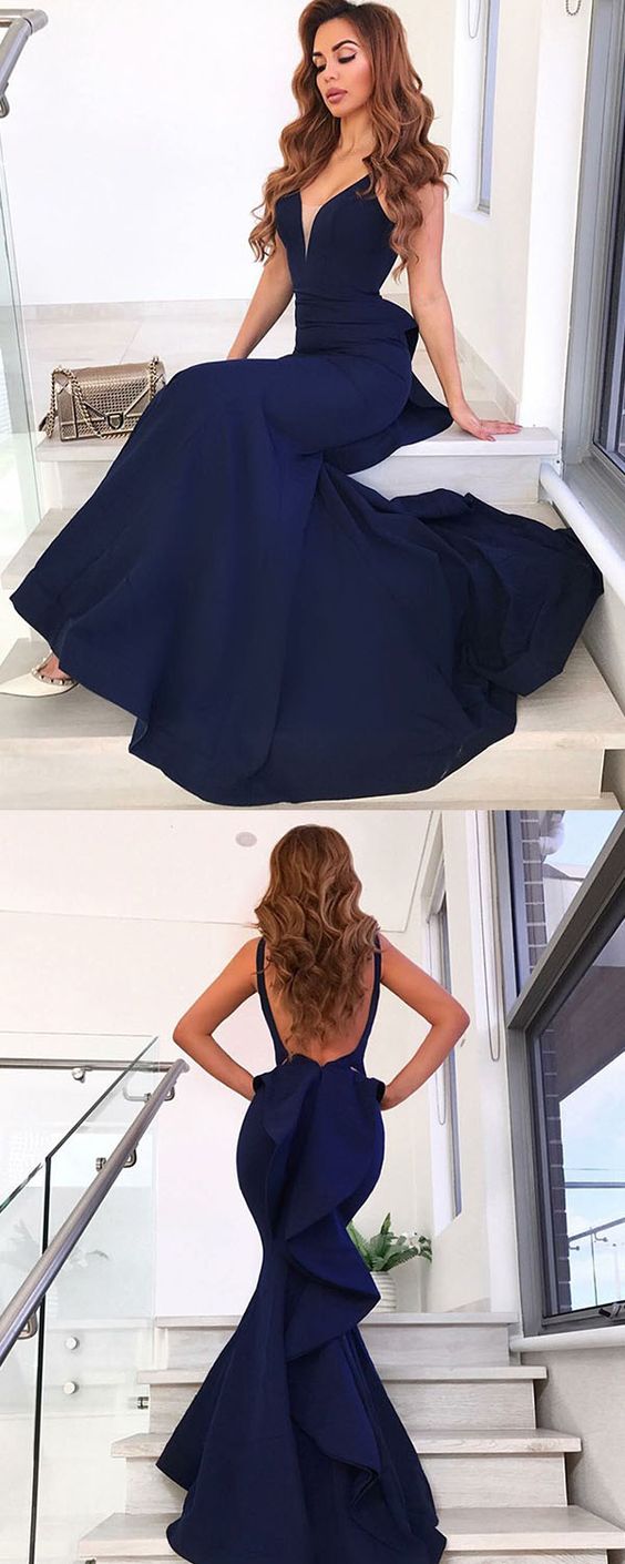 Mermaid V-Neck Navy Blue Prom Dress with Ruffles cg3891