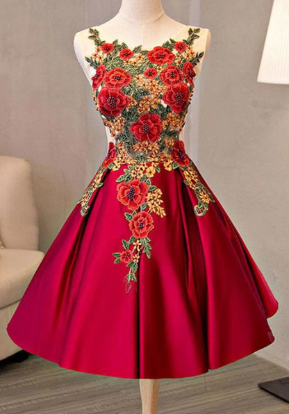 BURGUNDY LACE APPLIQUE SHORT DRESS LACE HOMECOMING DRESS cg3895