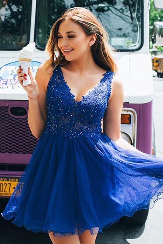 A-Line V-Neck Short Backless Royal Blue Homecoming Dress with Appliques cg3909