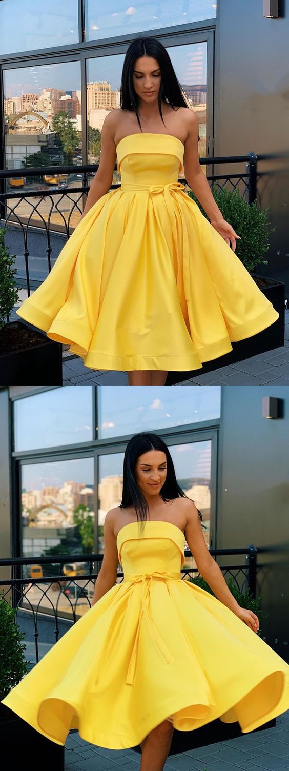 Cute yellow satin short dress, homecoming dress cg3911