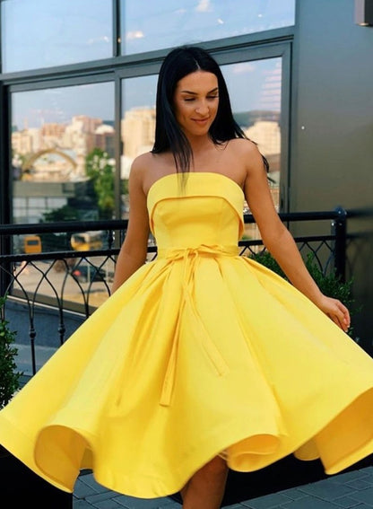 Cute yellow satin short dress, homecoming dress cg3911