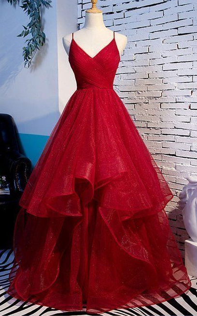 Elegant Tulle Red Straps Prom Dress, A Line Prom Dresses, Long Evening Dress cg392