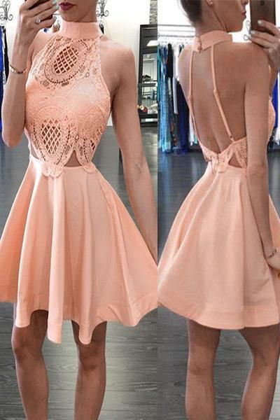 High Neck Short Apricot Homecoming Dress with Lace Backless cg395