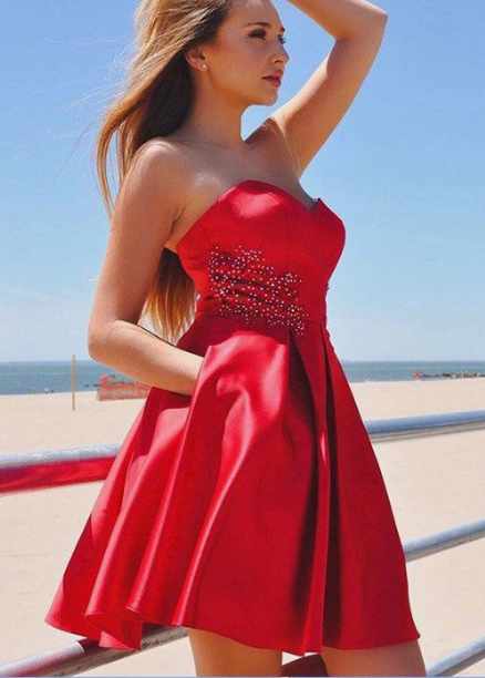 Red Soft Satin Sweetheart Strapless With Bow Applique Pockets Homecoming Dresses cg3969