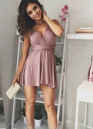 A-Line Deep V-Neck Lace-Up Blush Pink Chiffon Homecoming Dress cg3998