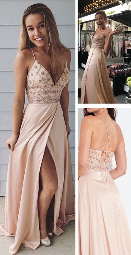 Straps V Neck Beads Long Prom Dress with Side Slit cg400