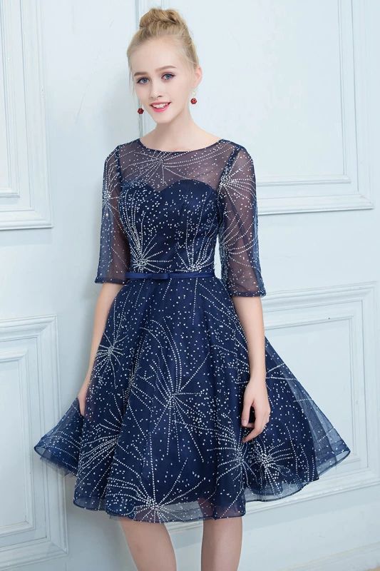 A Line Dark Blue Homecoming Dresses, Short Half Sleeves Dress cg4030