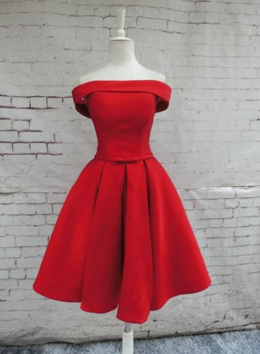 Red Satin Homecoming Dresses, Off Shoulder Party Dress vg4035