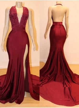 Charming Backless Appliques Burgundy Mermaid Split Slit Evening Dress, Sexy Burgundy Prom Dresses  cg4073