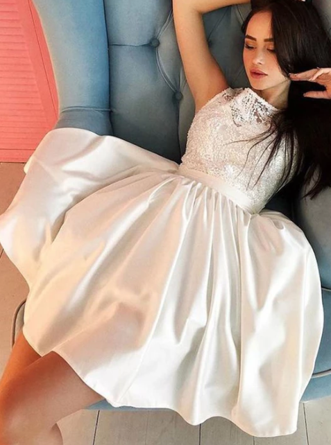 White lace satin short dress, homecoming dress cg4103