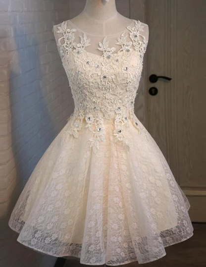 Lovely Champagne Cute Lace Beaded Party Dress, Cute Homecoming Dress cg4107