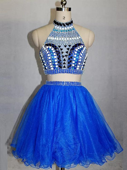 Blue Two Pieces High Neck Beaded Homecoming Dresses Short Cocktail Dresses cg413