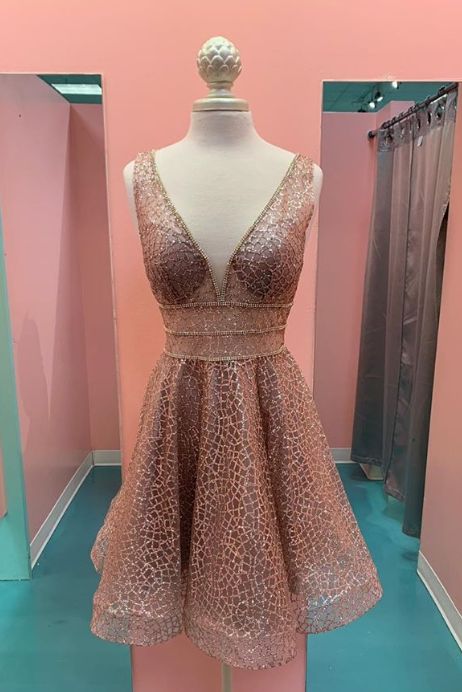 v neck short homecoming dress, rose gold sparkle homecoming dress  cg4145