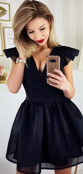 A-Line V-Neck Sleeveless Black Tulle Short Homecoming Dresses, cg4164