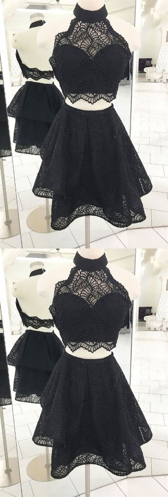 Black Halter Lace Homecoming Dresses,Two Pieces Short Cocktail Dresses  cg417