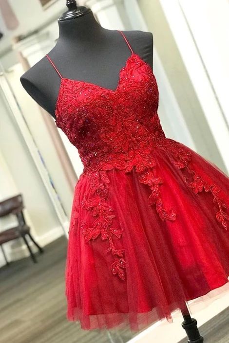 Straps Lace Appliqued Red Short Homecoming Dress cg4200