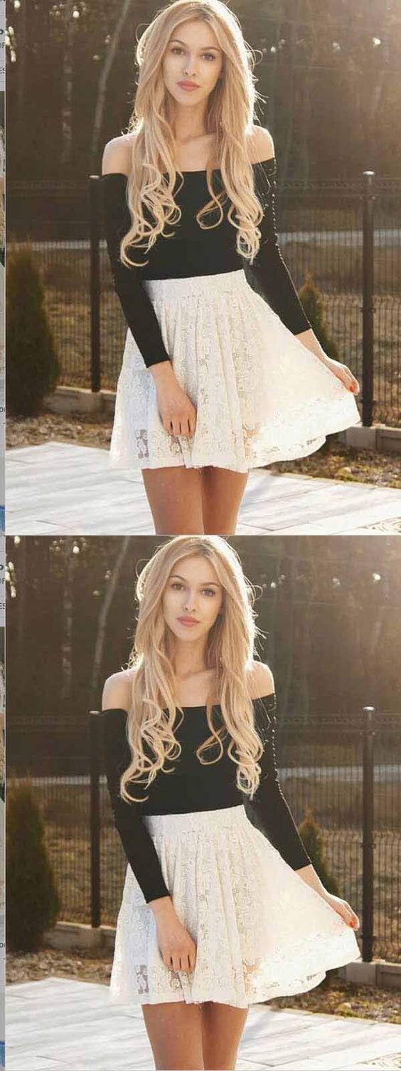 Two Piece Ivory Lace Long Sleeves Homecoming Dress ,Short homecoming Dresses cg429