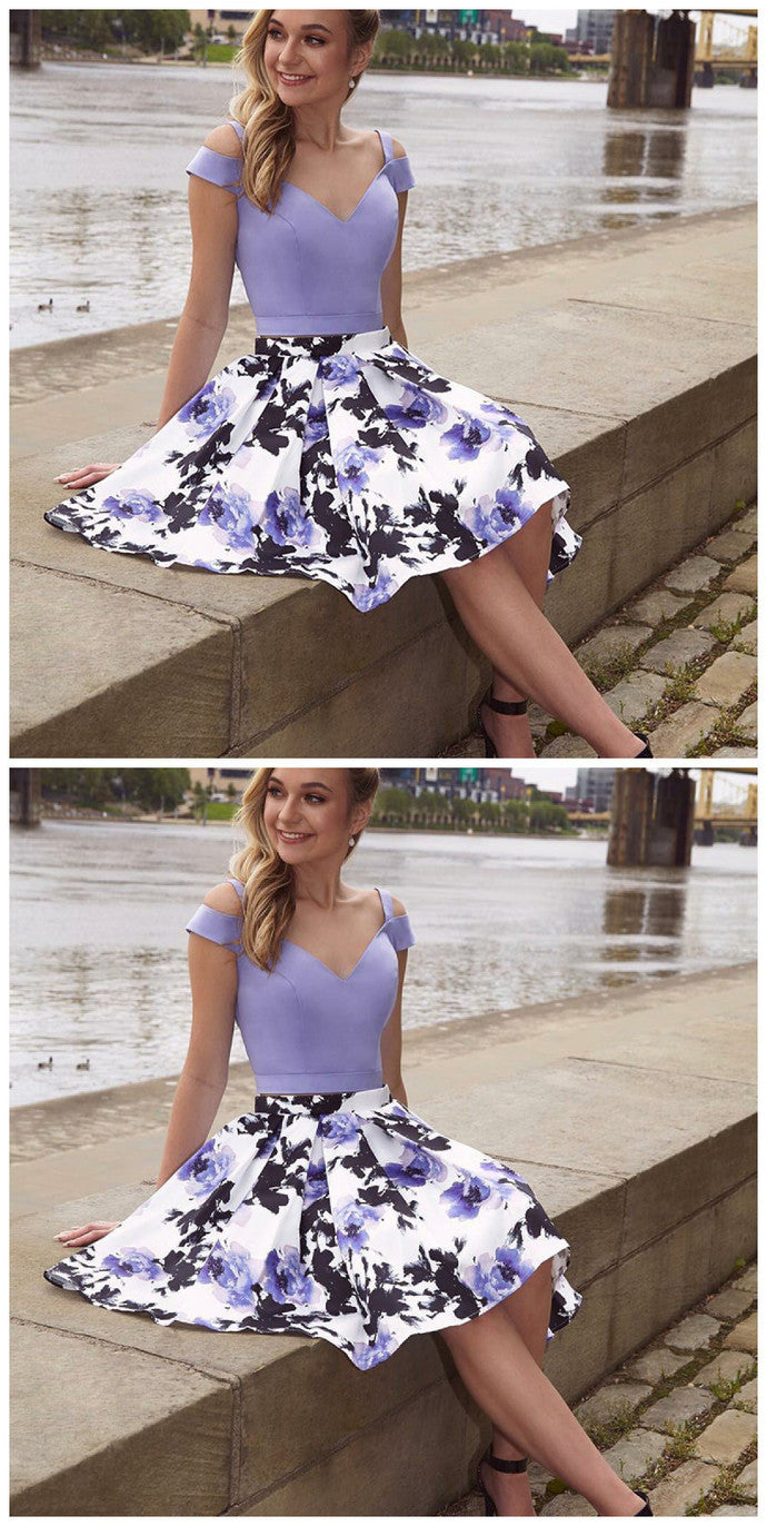 Cold Shoulder Two Piece A-Line Floral Print Short homecoming Dress cg431