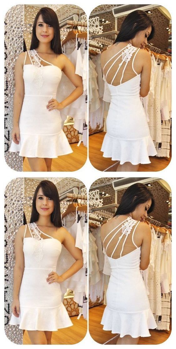 White Pencil Dress with Appliques,Short homecoming Dress with Open Back cg4322