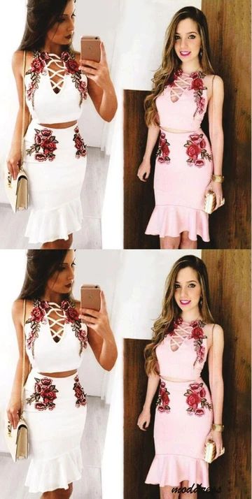 Sexy Fashion Straps Floral Embroidery Two Piece Homecoming Dress  cg4324