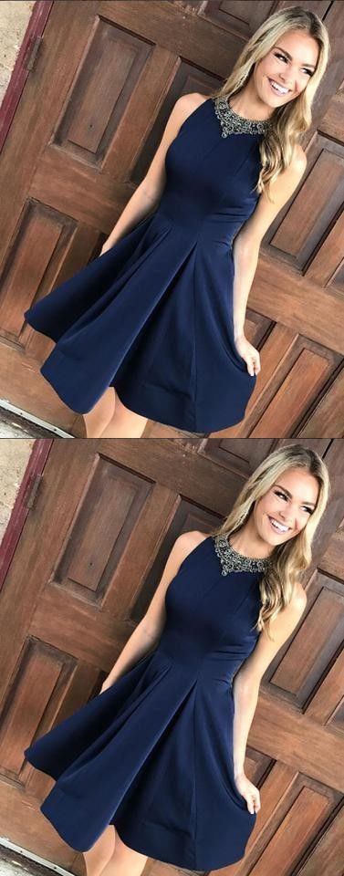 A-Line Jewel Dark Blue Short Homecoming Dress with Appliques cg443